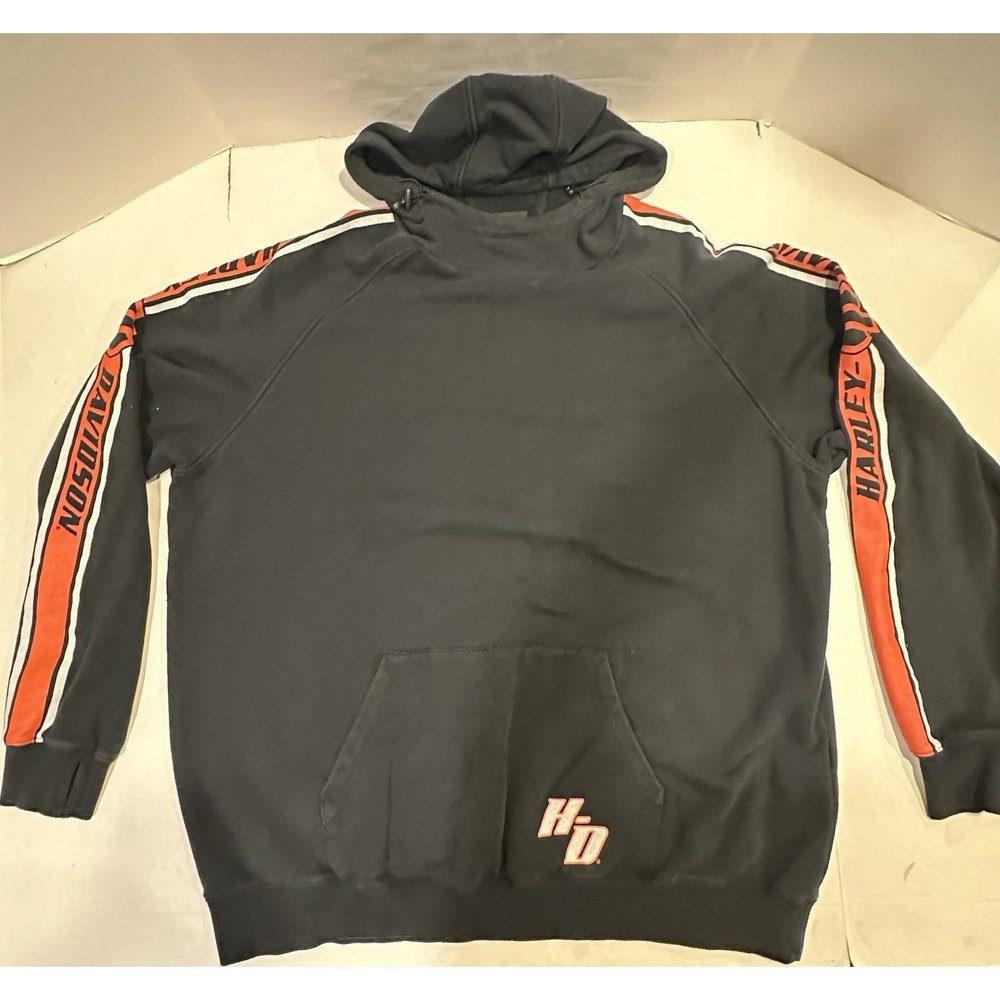 Harley Davidson Pullover Hoodie Sweatshirt Black Orange Logo Sleeve Mens 2XL